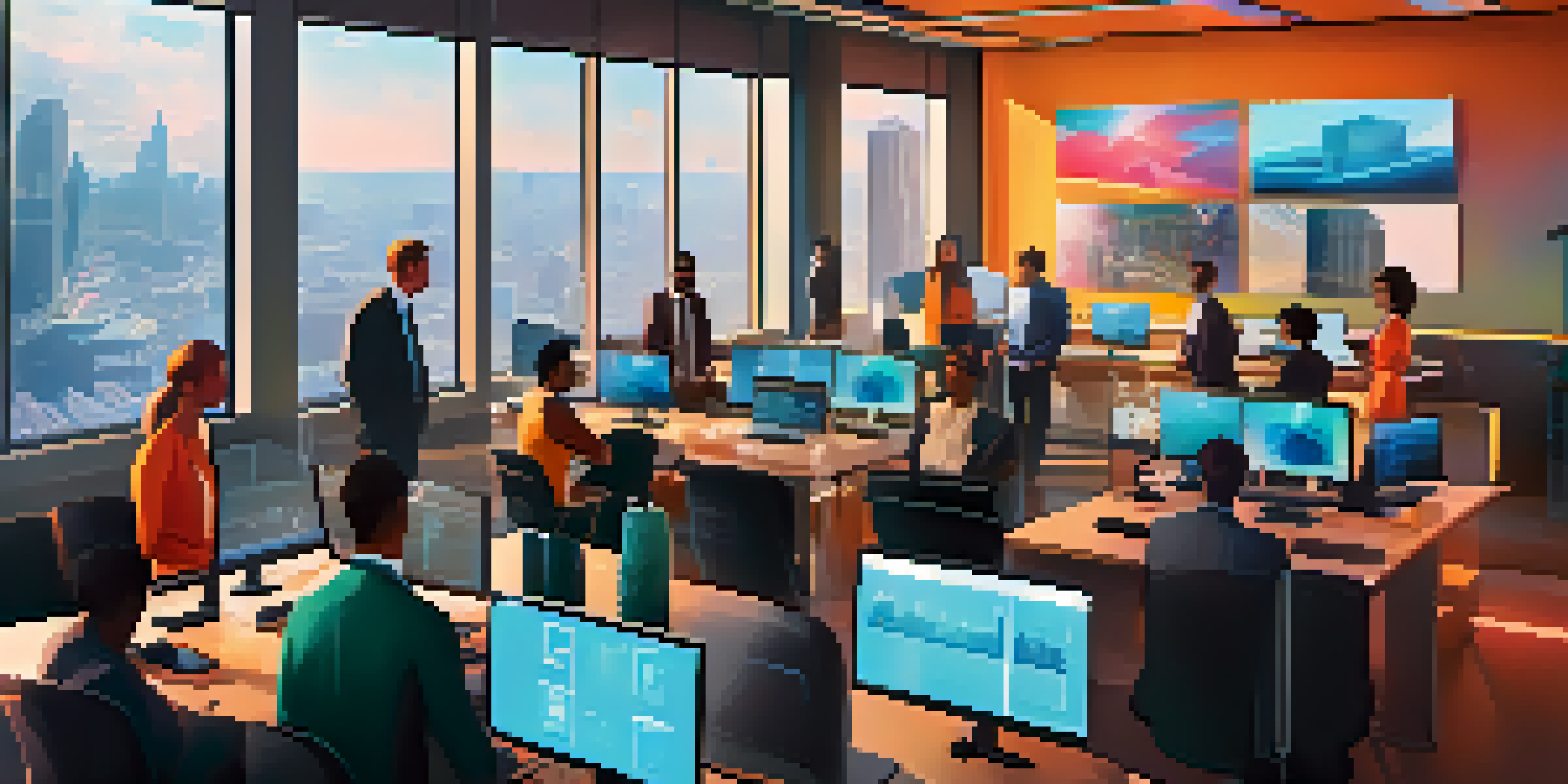 A diverse team of professionals working together in a modern office, discussing blockchain technology with screens showing data on supply chain transactions.