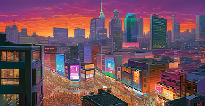 A city skyline at dusk with skyscrapers and traditional buildings, featuring people using smartphones.