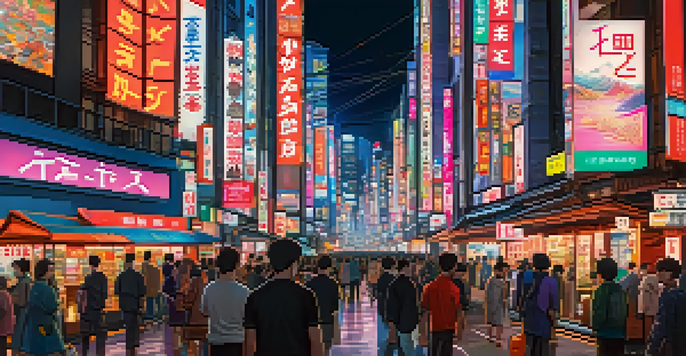A busy Tokyo street featuring a cryptocurrency exchange, neon lights, and a mix of traditional and modern architecture, set against a night sky.