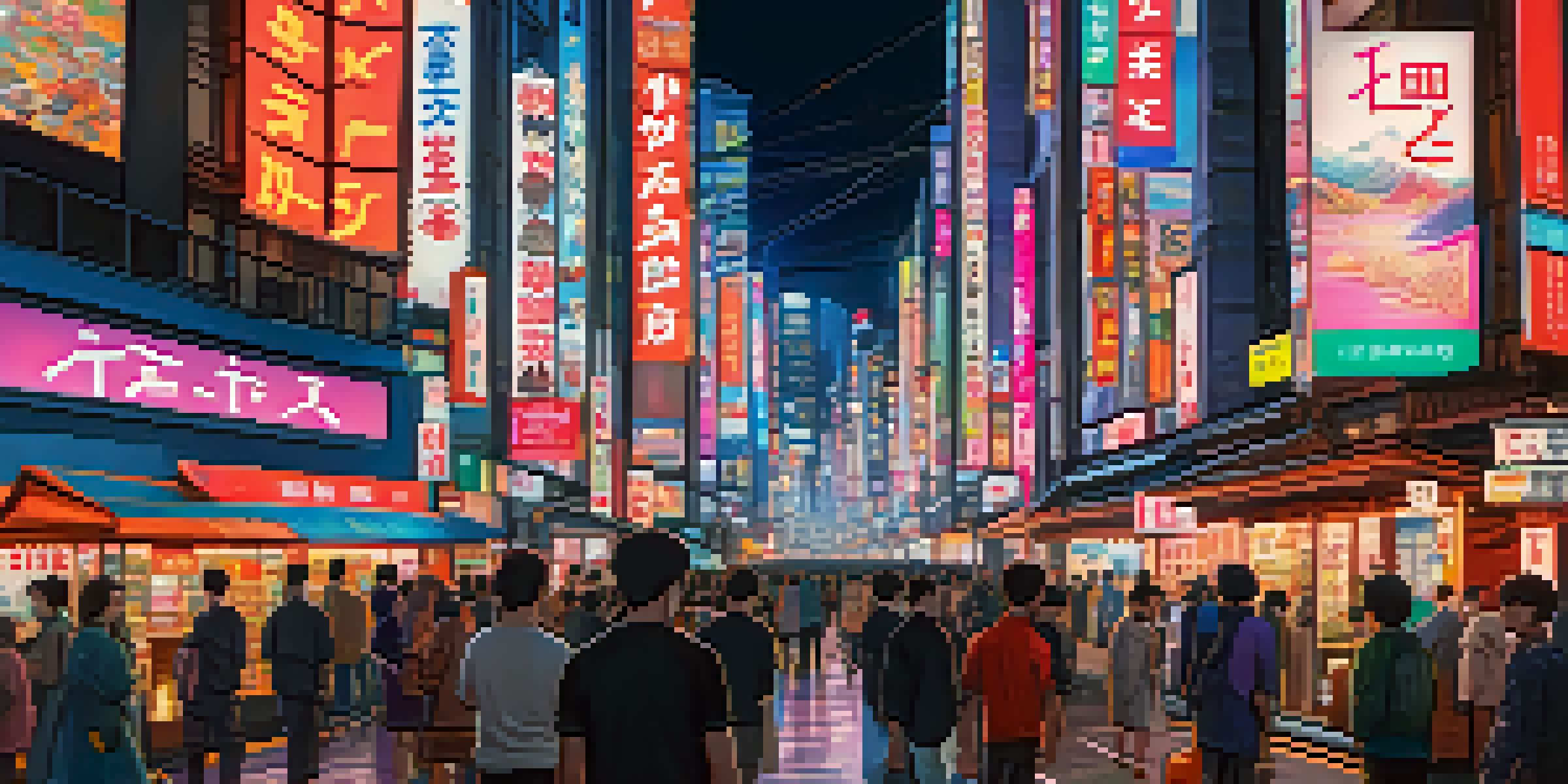 A busy Tokyo street featuring a cryptocurrency exchange, neon lights, and a mix of traditional and modern architecture, set against a night sky.