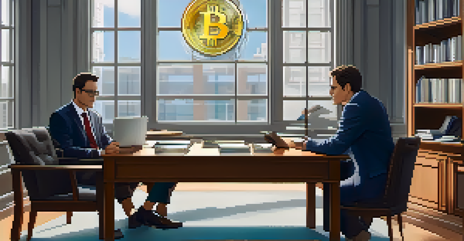 A legal expert discussing cryptocurrency regulations with a business owner in a modern office, surrounded by legal books and documents.