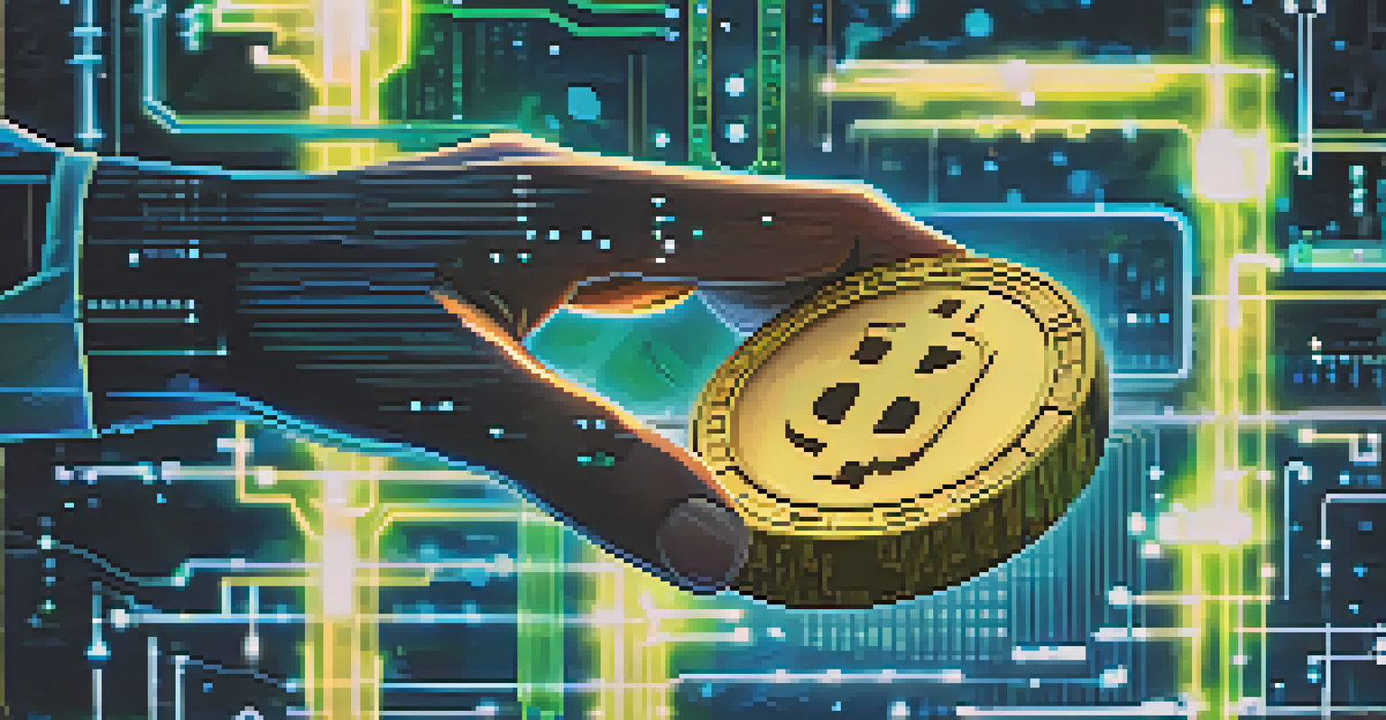 A close-up of a hand holding a glowing utility token against a digital landscape filled with data streams and binary code.