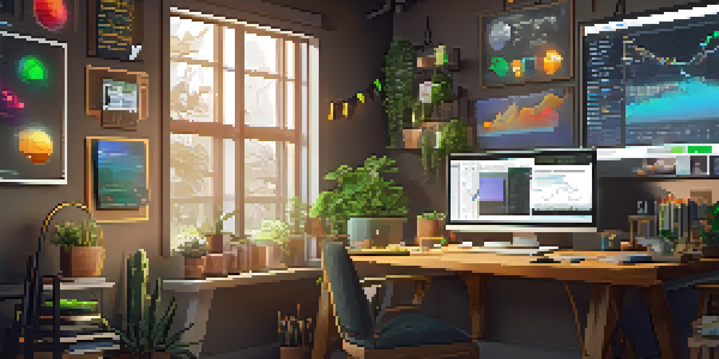 A digital artist's workspace with a monitor showing cryptocurrency charts, warm lighting, and colorful sticky notes.