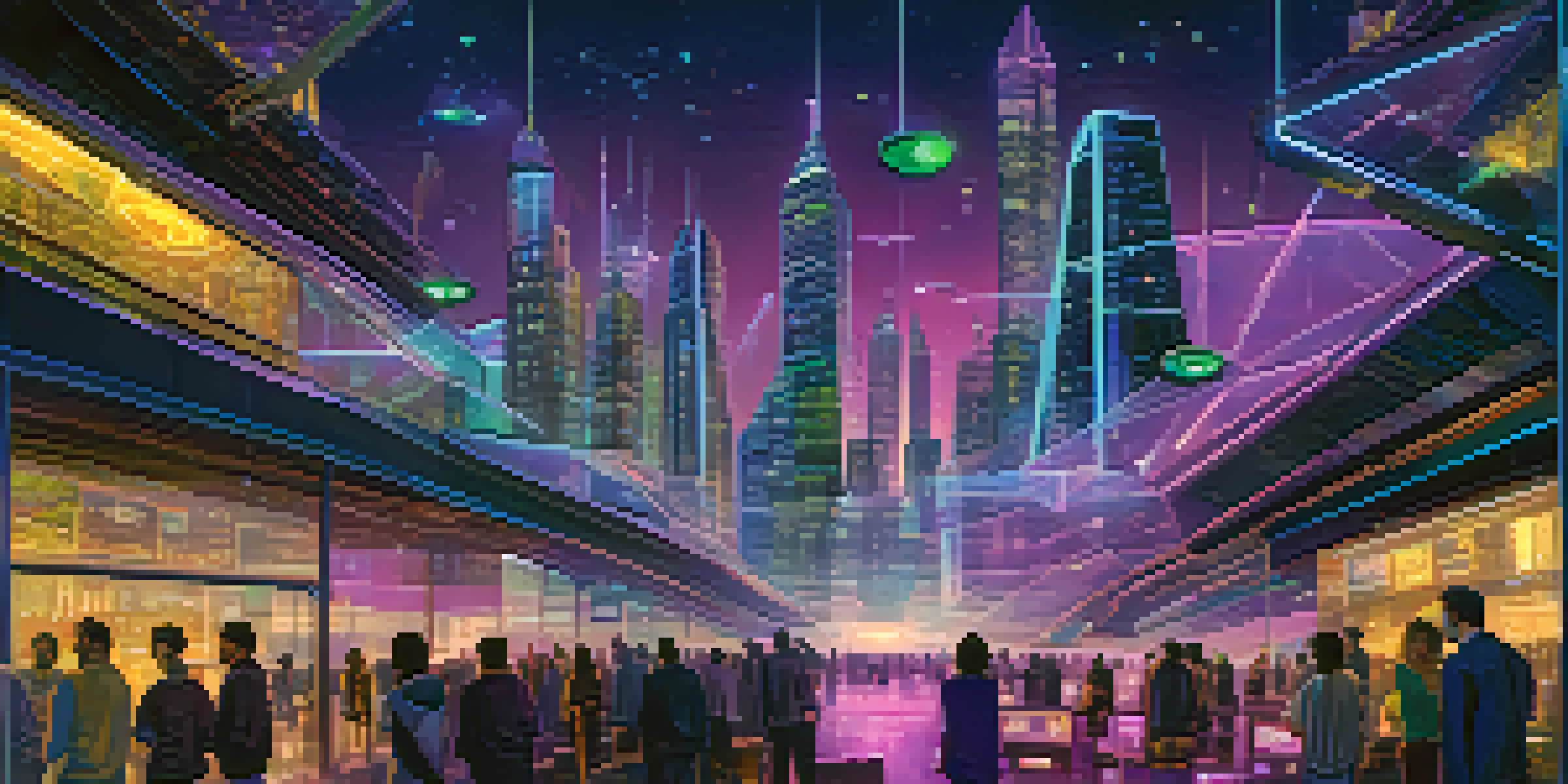 A vibrant city skyline at night with glowing finance symbols and people using holographic devices.