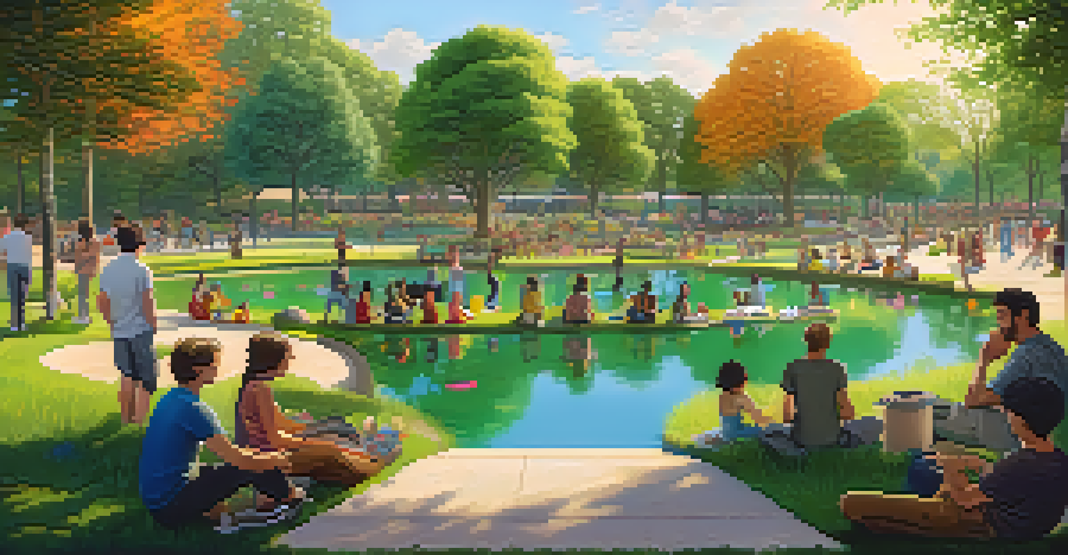 A peaceful community scene with people working together around a glowing digital ledger in a park setting.