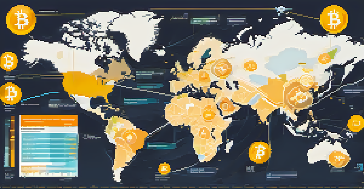 An infographic showing the flow of remittances via cryptocurrency across a world map, highlighting low fees and fast service with arrows and icons.