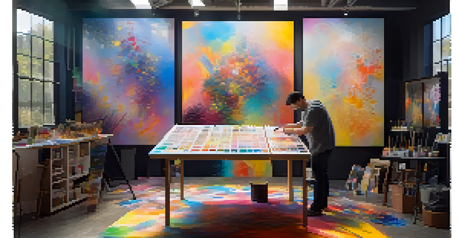 An artist in a sunny studio creating art, with digital screens showing NFTs, surrounded by vibrant colors and paint splatters.