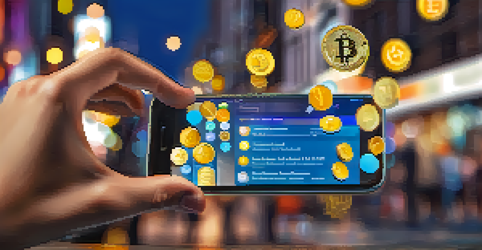 A close-up of a hand holding a smartphone showing a cryptocurrency wallet app, with coins floating around it in a blurred urban setting.