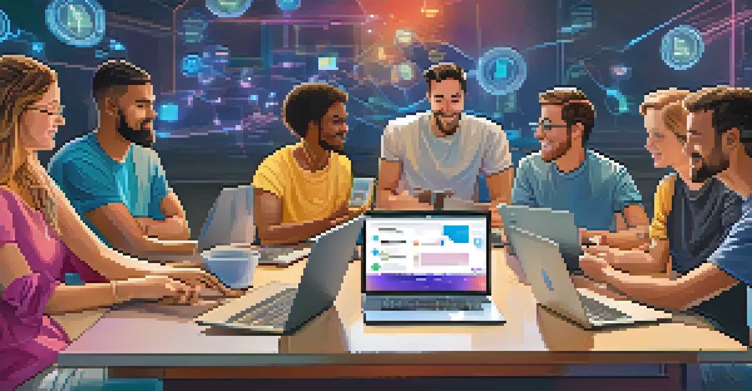 A diverse group of people discussing cryptocurrency with laptops and a screen showing positive reviews.