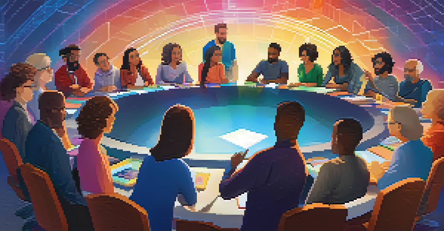 A round table discussion on decentralized governance, featuring diverse people and colorful tokens, with a digital ledger in the background.