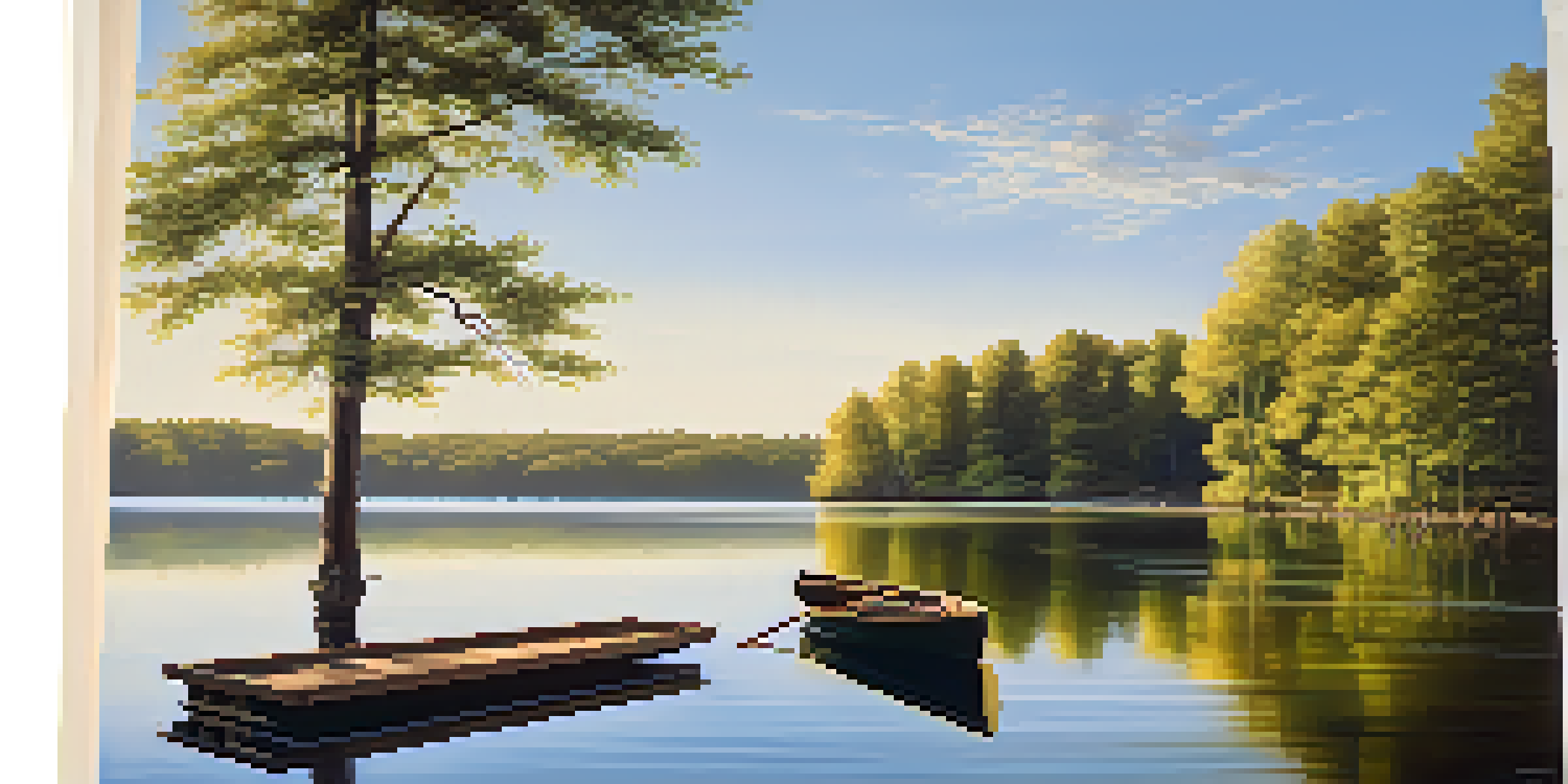 A peaceful lake scene with a wooden dock and a rowboat, surrounded by green forests and blue sky.