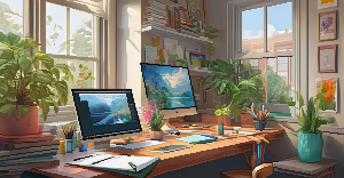 A cozy artist's workspace with colorful sketches, a large monitor displaying vibrant designs, and natural light illuminating the room.