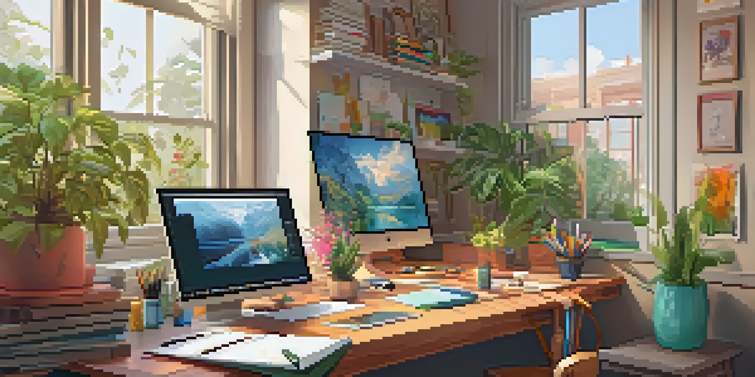 A cozy artist's workspace with colorful sketches, a large monitor displaying vibrant designs, and natural light illuminating the room.