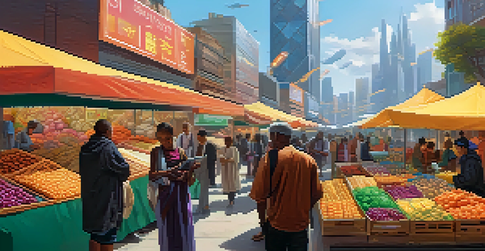 A colorful marketplace with diverse people using digital devices to exchange goods and services in a futuristic city.