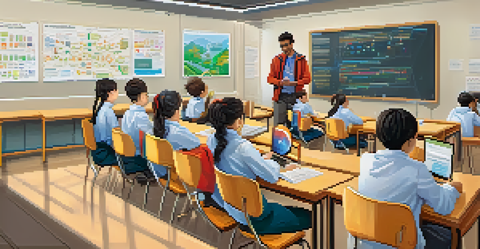 A classroom with students learning about blockchain technology, featuring educational posters and a teacher demonstrating a blockchain model.