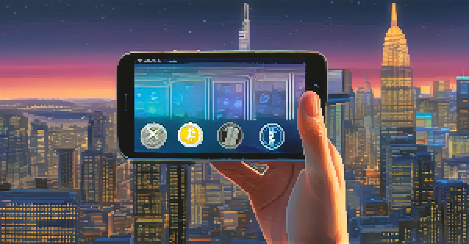 A close-up of a hand holding a smartphone displaying a cryptocurrency wallet app with a city skyline in the background.