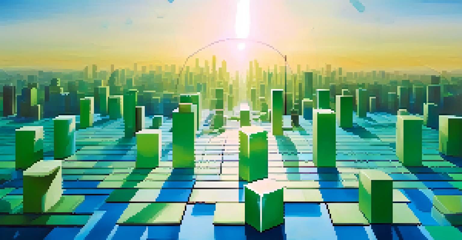 An artistic representation of blockchain technology with interconnected blocks and a gradient background.