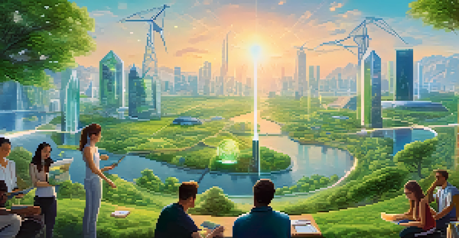 A landscape showing diverse people collaborating on blockchain technology in a sustainable city environment.