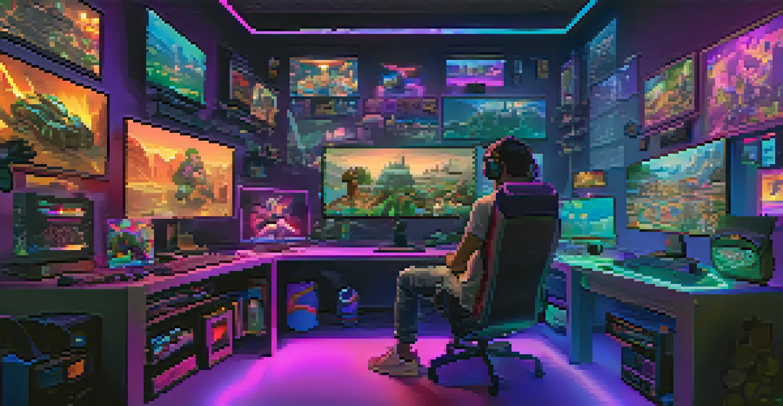 A gamer in a colorful room, focused on a computer displaying a vibrant virtual world with glowing NFTs as digital assets.