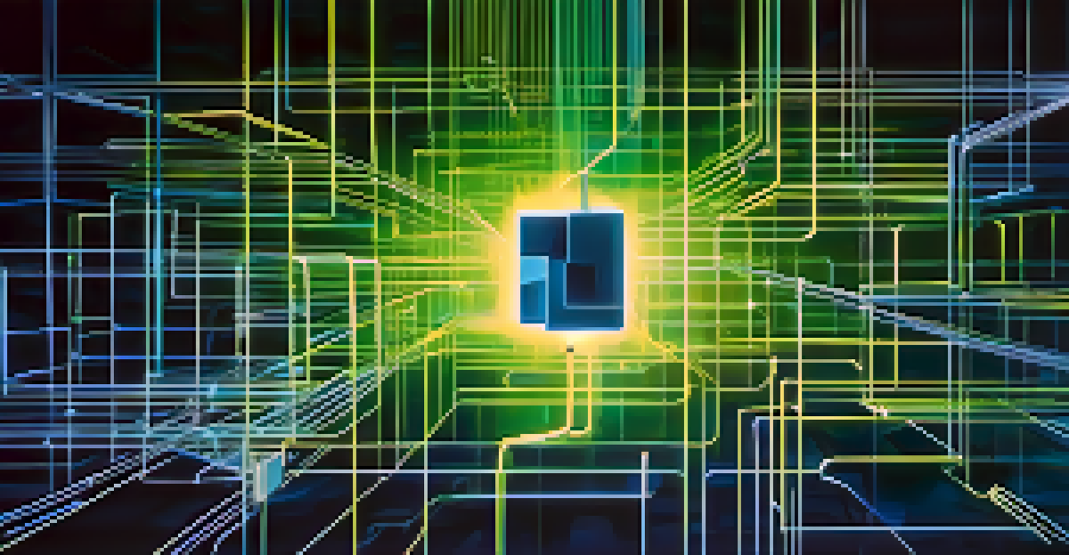 An abstract image of interconnected blocks representing blockchain technology, with glowing lines in blue and green.
