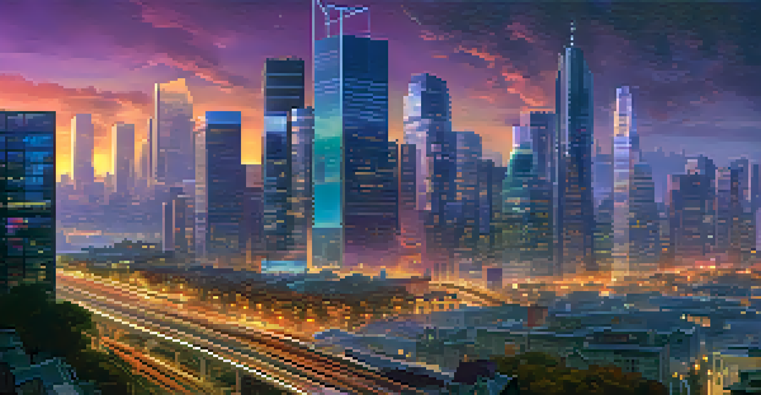 A city skyline at dusk with illuminated buildings and a digital billboard displaying stablecoin advertisements.