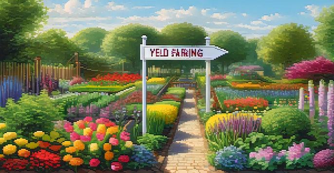 A vibrant garden scene with various plants, symbolizing yield farming platforms, under warm sunlight.