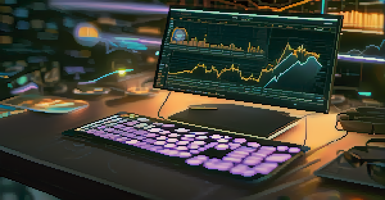 A close-up of a computer screen showing cryptocurrency algorithms and graphs, with hands typing on a keyboard in a dimly lit room.
