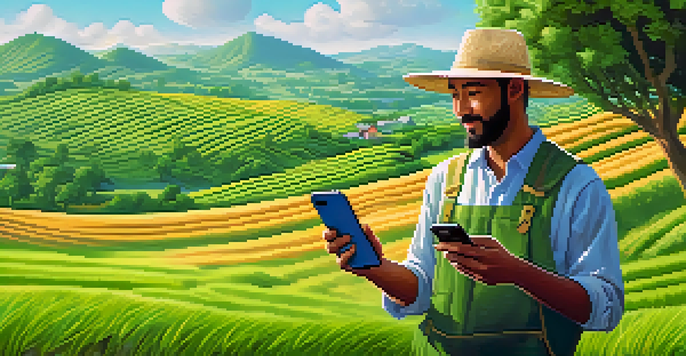 A farmer in a green field using a smartphone, illustrating access to decentralized finance in emerging markets.
