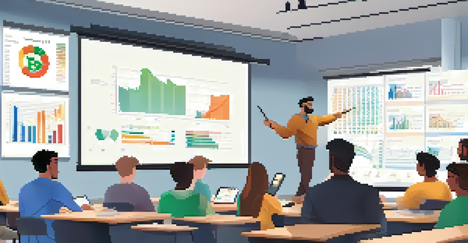 A diverse classroom where individuals are learning about cryptocurrencies and stablecoins with an instructor and digital displays.