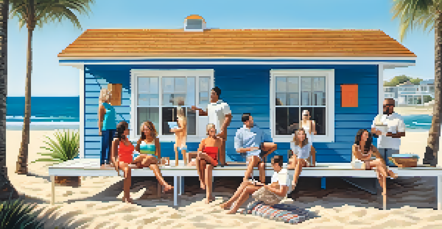 A diverse group of people collaborating over a model beach house, each holding NFT tokens.