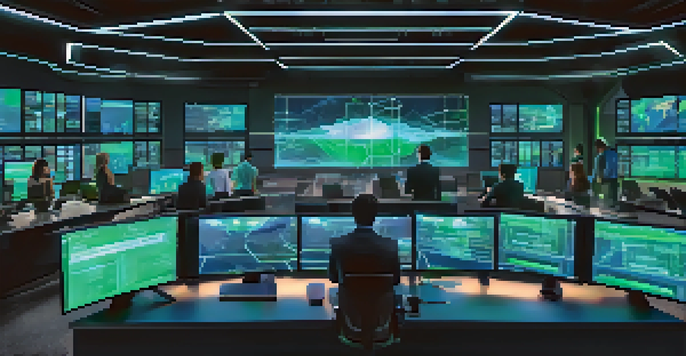 A modern control room with professionals working on digital screens showing blockchain data, illuminated by blue and green lights.