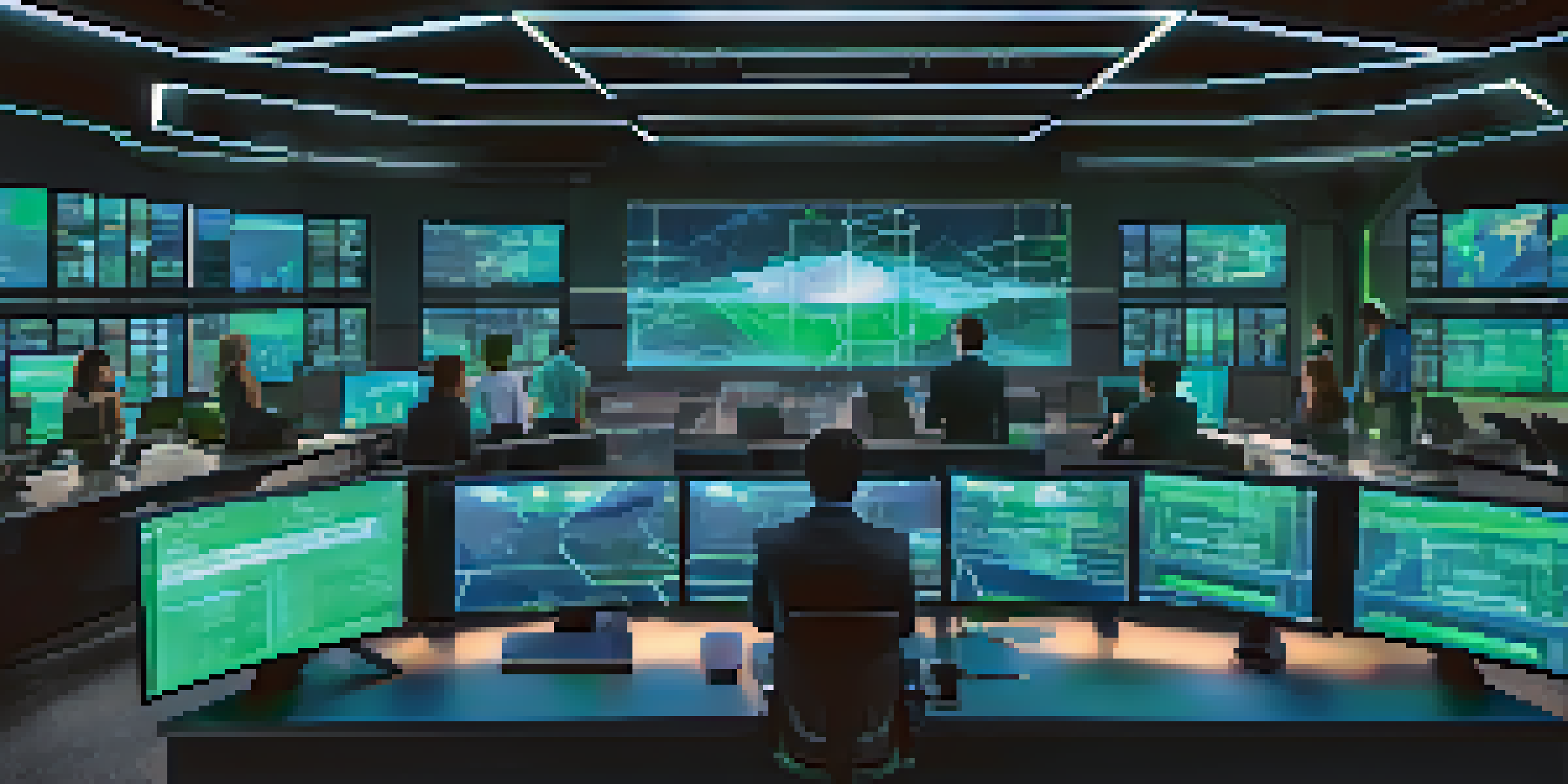A modern control room with professionals working on digital screens showing blockchain data, illuminated by blue and green lights.