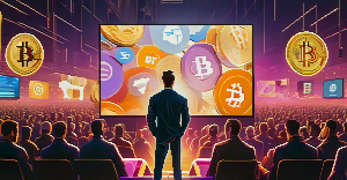 A confident influencer in front of a screen showing cryptocurrency logos, with an engaged crowd in a sunny urban setting.