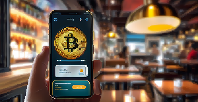 A smartphone showing a cryptocurrency wallet with a QR code in a café setting.