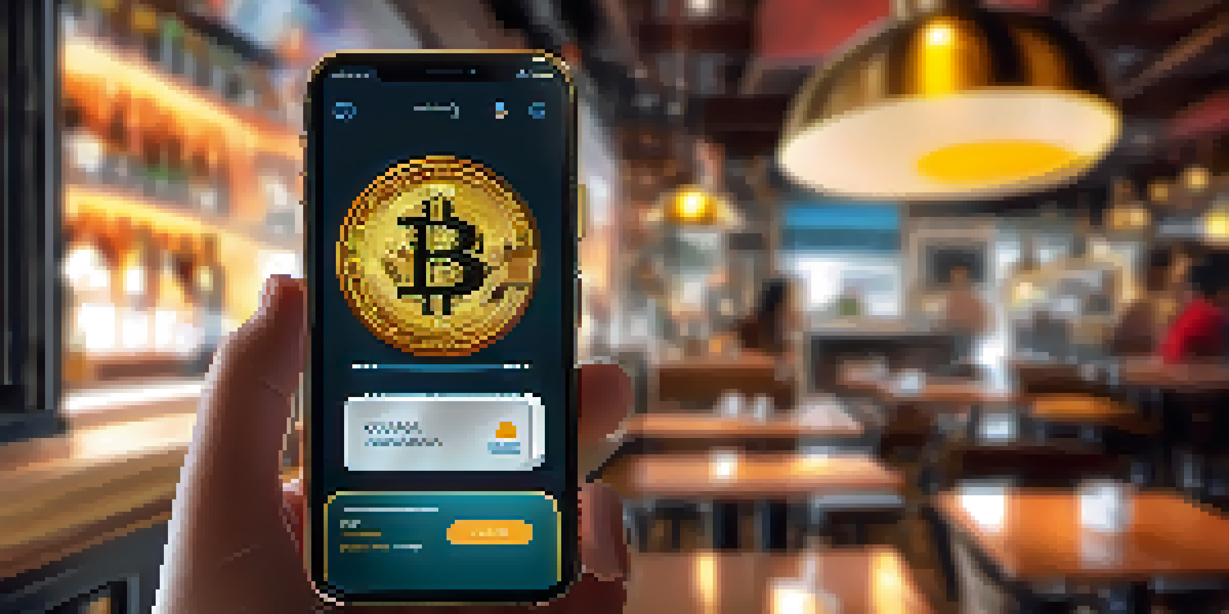 A smartphone showing a cryptocurrency wallet with a QR code in a café setting.