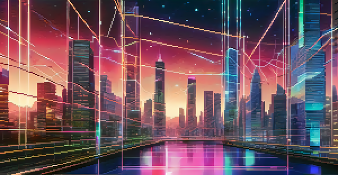 A futuristic city with glowing digital nodes interconnected across tall buildings, illuminated by neon lights against a starry night sky.