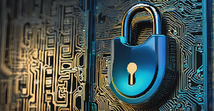 A digital lock symbolizing security with a glowing padlock at the center and intricate circuit patterns in the background.