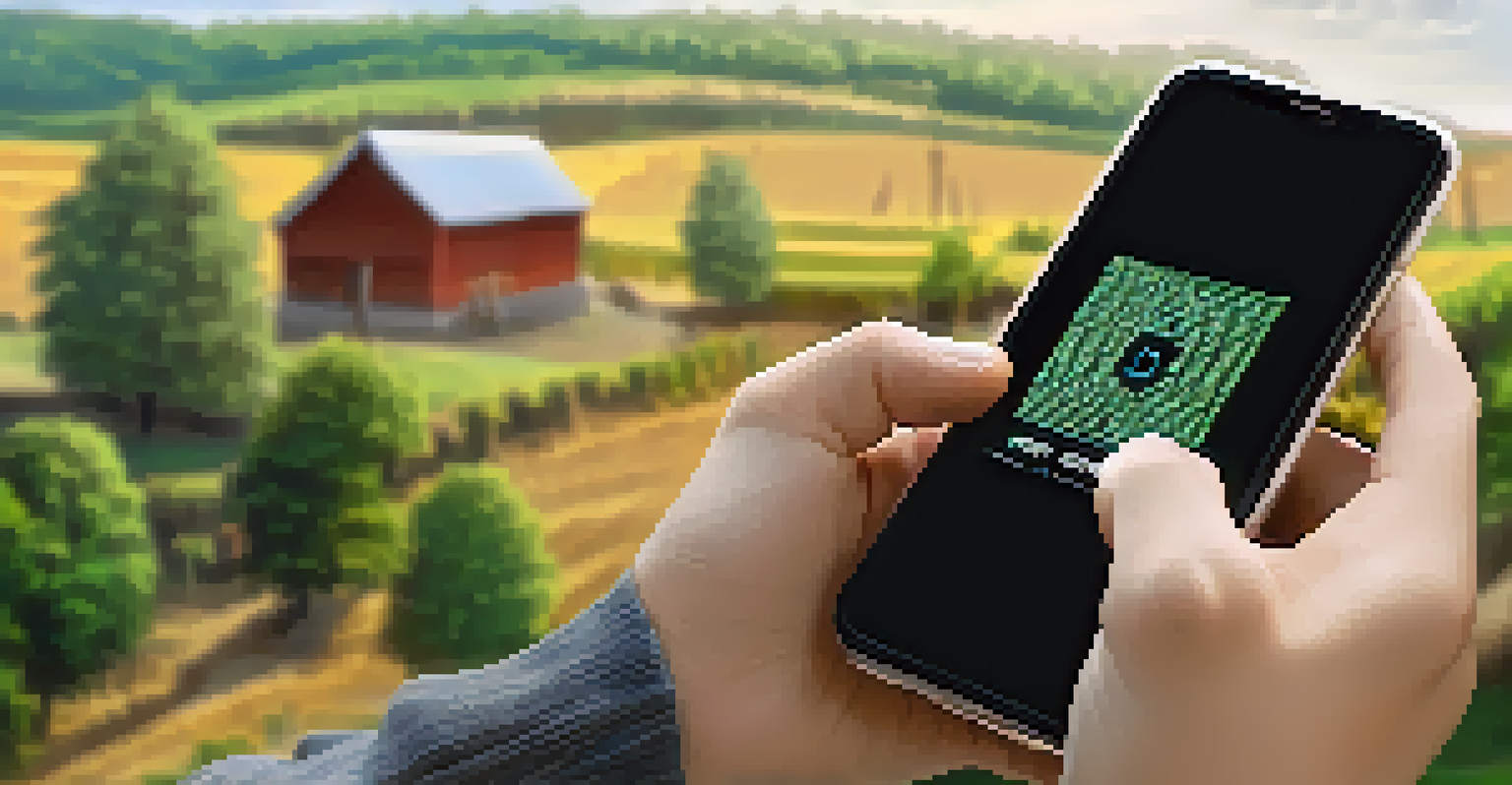 Close-up of hands holding a smartphone with a cryptocurrency wallet app, set against a blurred rural village background, symbolizing technology in traditional settings.