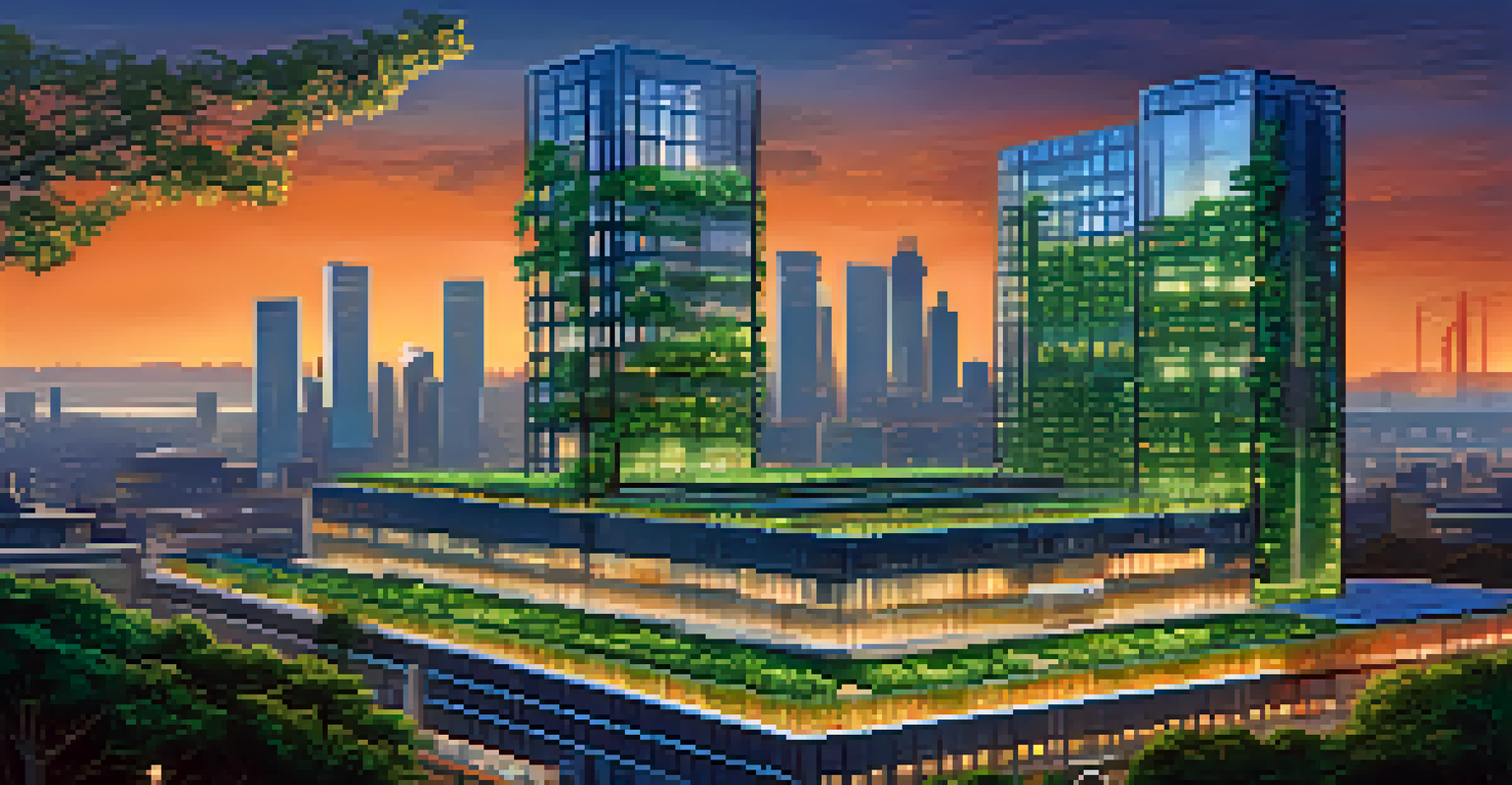 A cityscape at dusk featuring a cryptocurrency mining facility integrated into a high-rise building with solar panels and greenery.