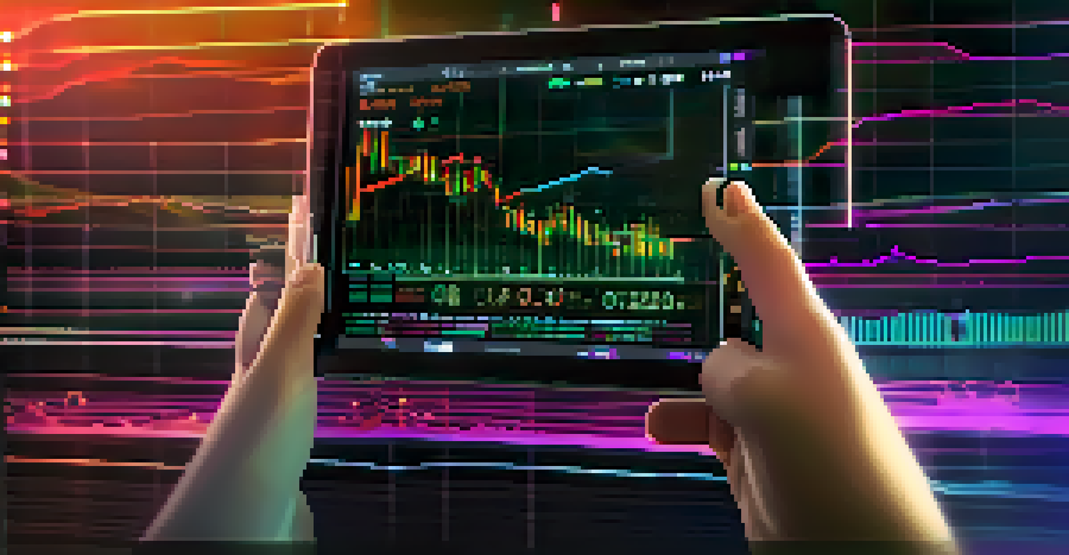 A close-up of a trading chart on a digital screen with a hand holding a smartphone, depicting cryptocurrency trading.