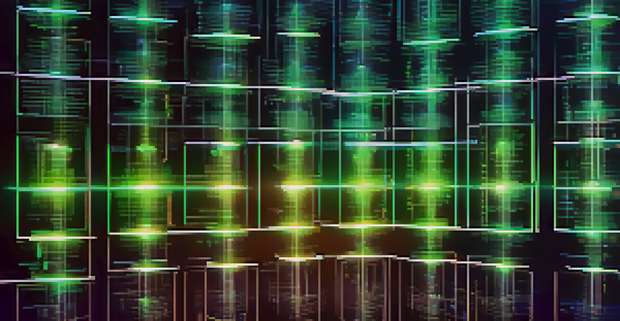 A detailed close-up of a blockchain ledger with glowing digital transactions against a dark blue gradient background.