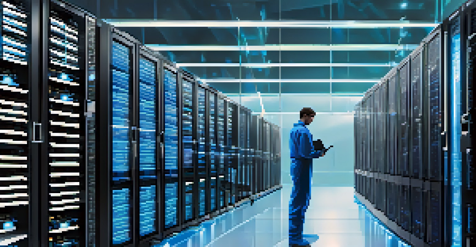 A technician maintaining servers in a dimly lit server room with blue LED lights and a digital screen showing backup schedules.