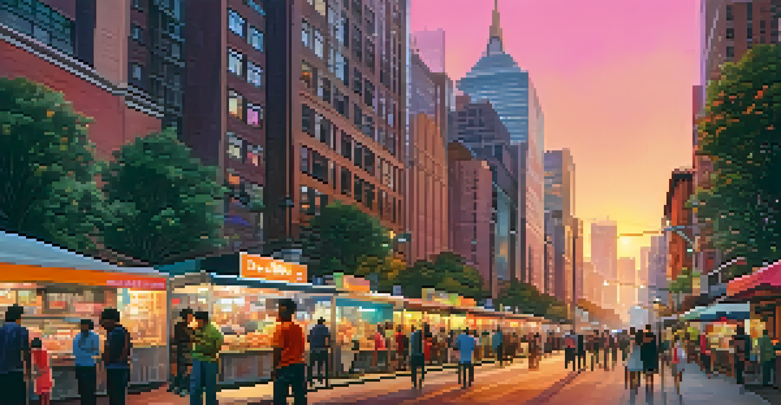 A bustling urban street at sunset with people walking and colorful food trucks.