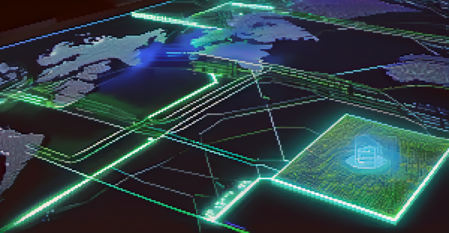 Close-up of a digital interface showing a blockchain network map with interconnected nodes and beams of light.