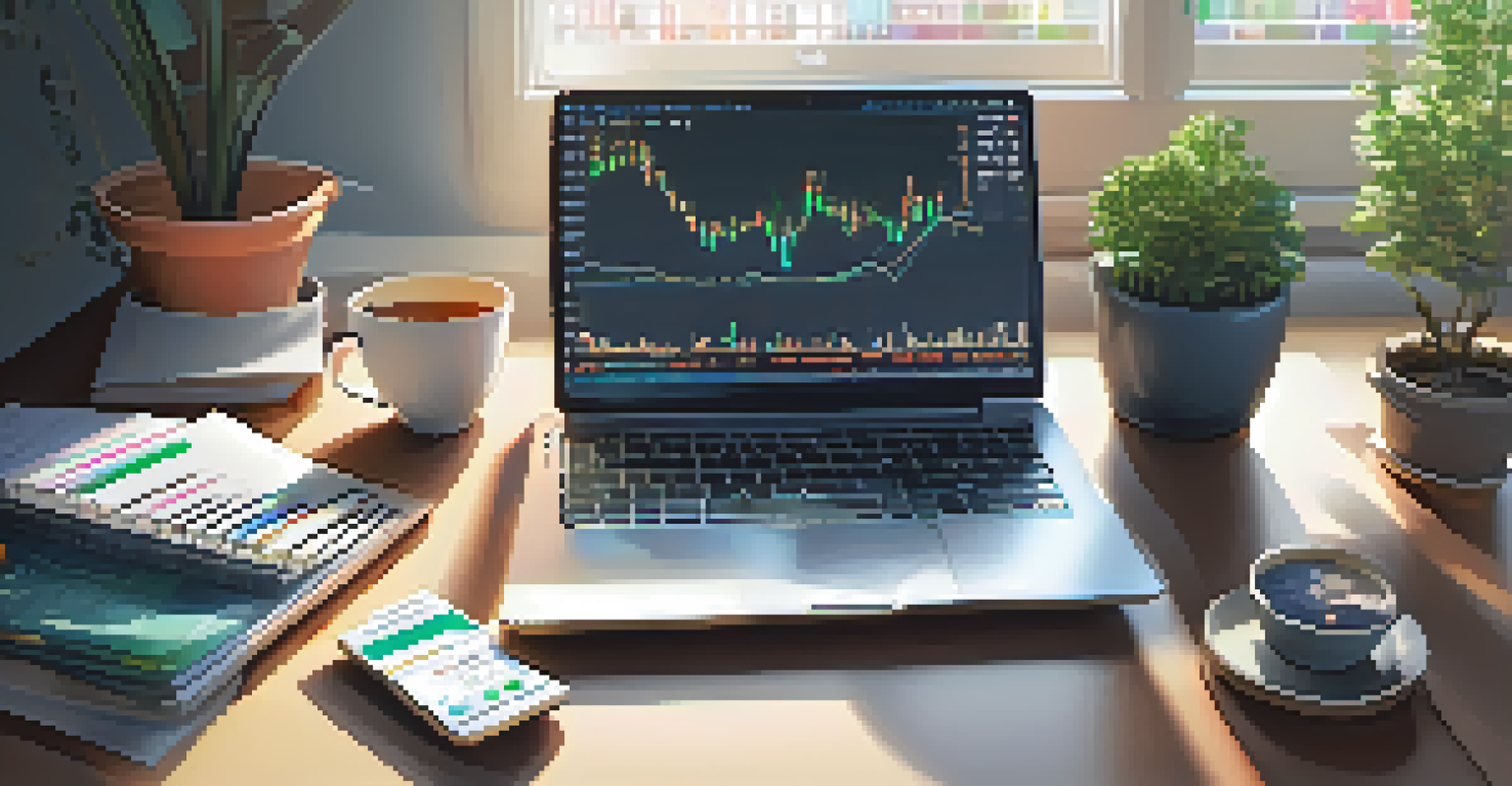 An office desk with a laptop displaying cryptocurrency charts, surrounded by notes, a coffee cup, and a plant, illuminated by natural light.
