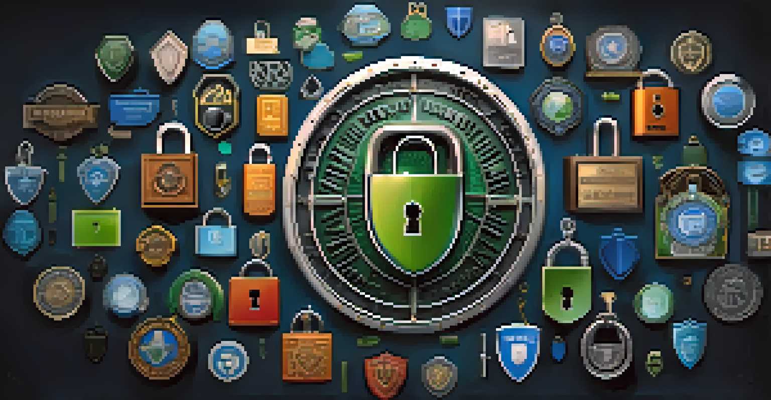 Various security icons like a shield and padlock arranged in a circular pattern against a dark background.