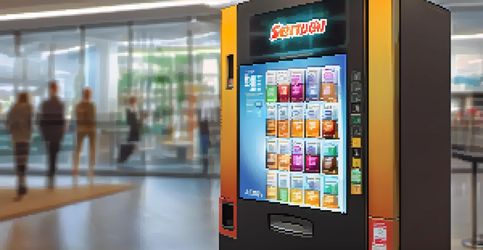 A digital vending machine interface with product options on the screen and buttons illuminated, set against a blurred modern office background.