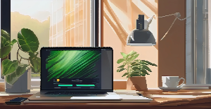 A tidy workspace with a laptop showing a cryptocurrency wallet, a notepad, a pen, and a potted plant, illuminated by warm sunlight.