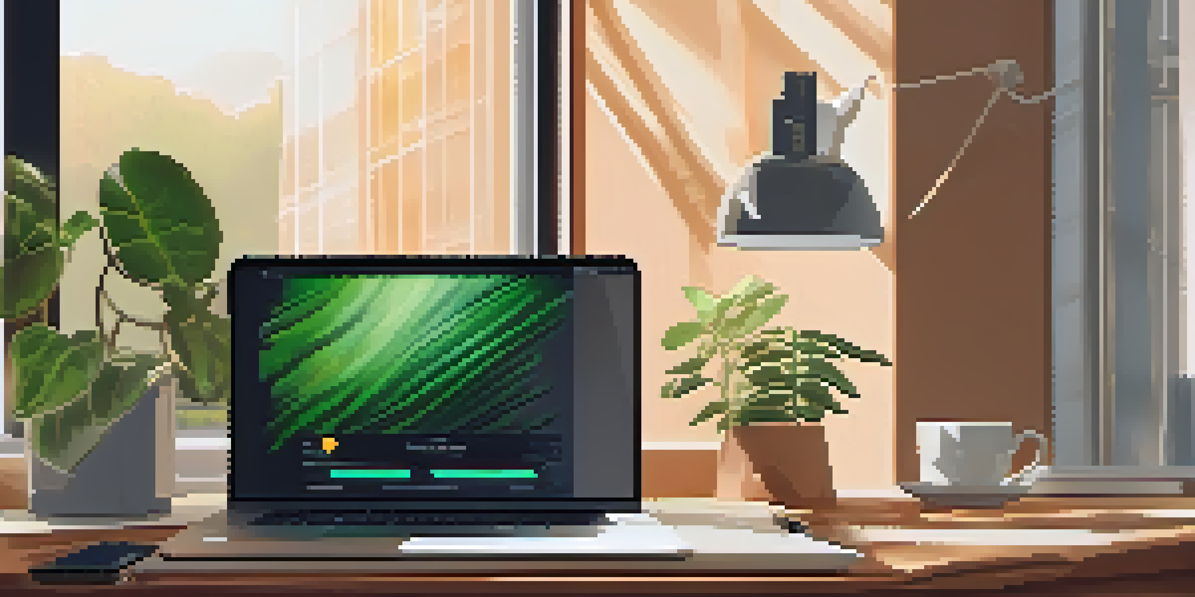 A tidy workspace with a laptop showing a cryptocurrency wallet, a notepad, a pen, and a potted plant, illuminated by warm sunlight.