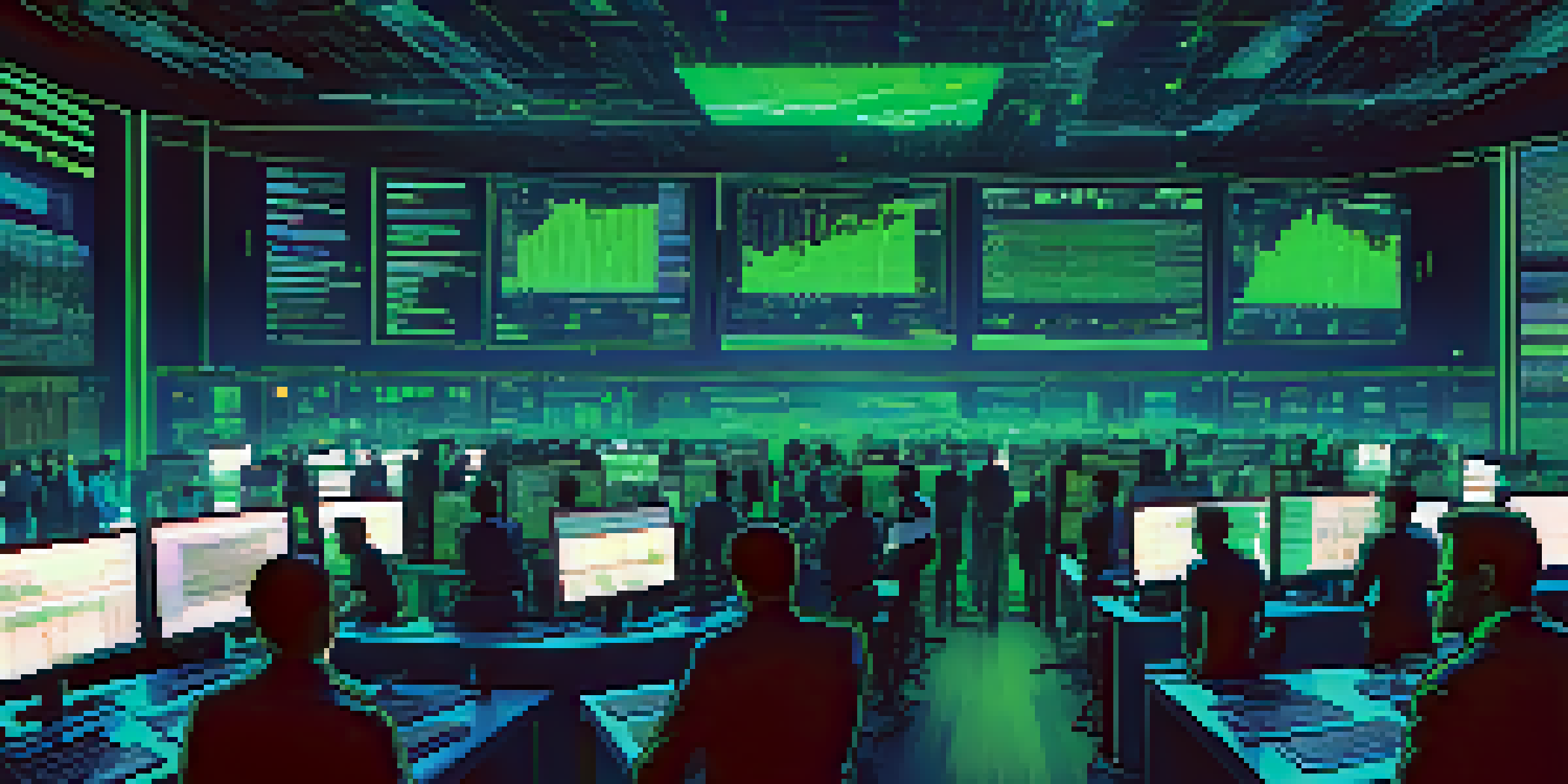 A busy cryptocurrency trading floor with traders focused on their screens displaying charts and data in a blue-green illuminated room.